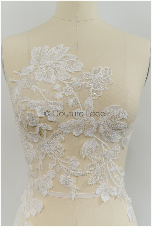 Perlen Applikationen für Brautkleid, Blumenspitze Aufnäher, bestickte Spitzenapplikationen, kordelierte Spitzenapplikationen off-white// A21-212