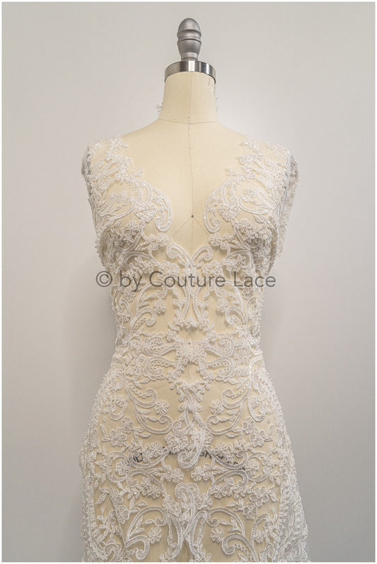 Heavy hand embroidered lace trim off-white ivory/ pearl embroidered bridal lace trim/ lace trim with pearls// T21-123