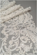 Heavy hand embroidered lace trim off-white ivory/ pearl embroidered bridal lace trim/ lace trim with pearls// T21-123