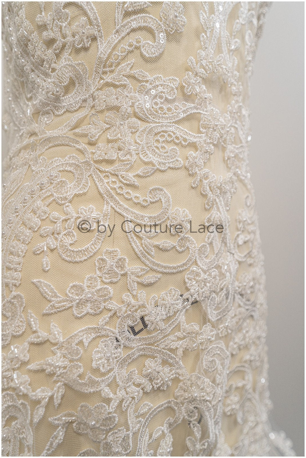 Heavy hand embroidered lace trim off-white ivory/ pearl embroidered bridal lace trim/ lace trim with pearls// T21-123
