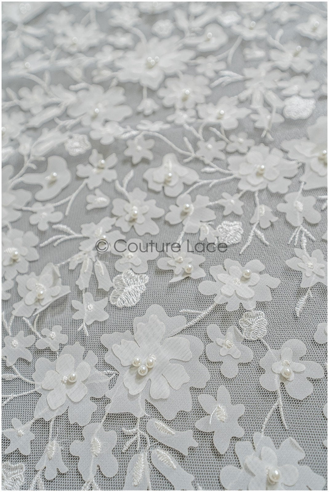 3D Blumen Brautspitzenstoff Off-White/ Braut Spitze Stoff mit Perlen/ Braut Spitzenstoff// L22-039