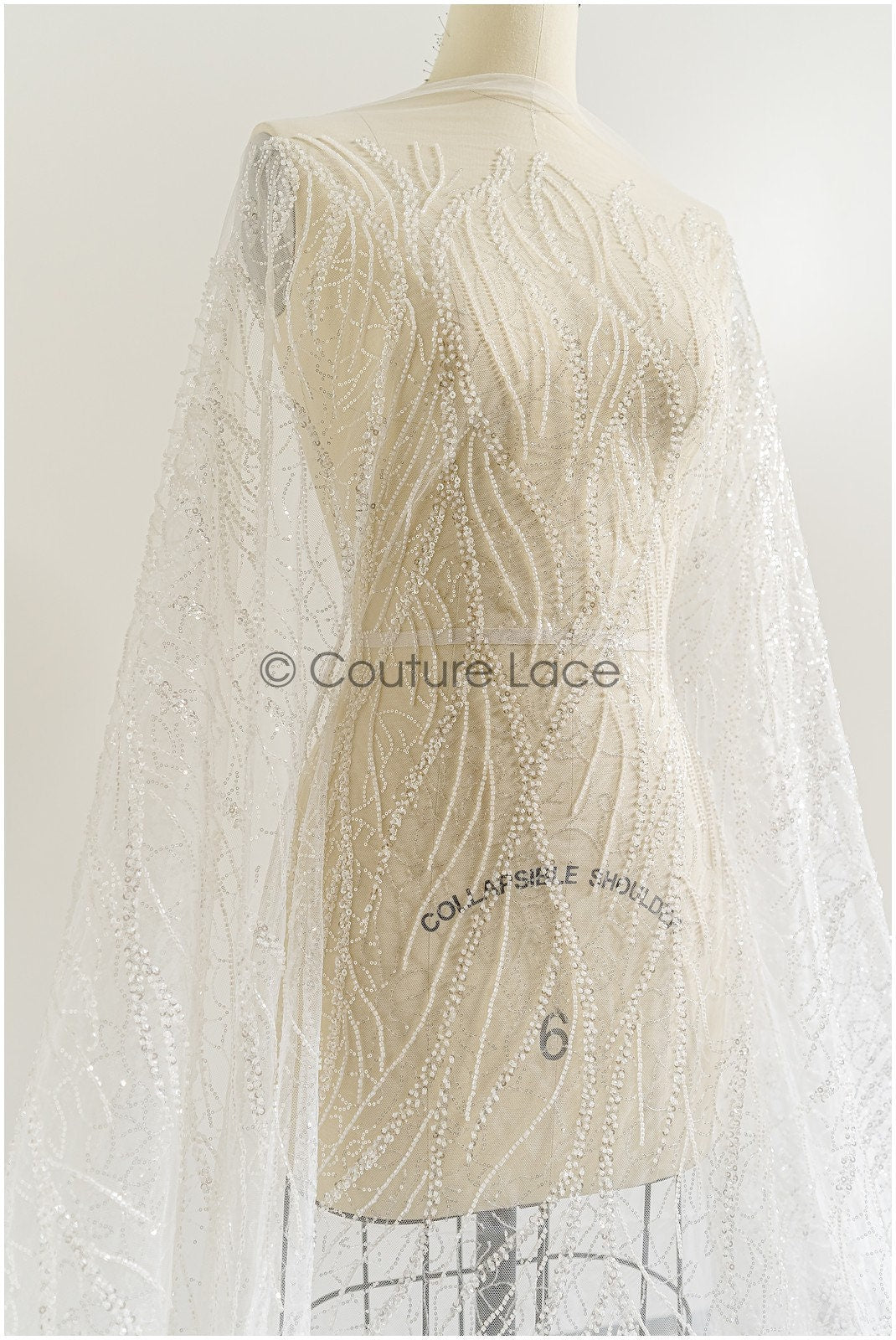 Perlengewellter Spitzenstoff Off-White/ Brautspitze mit Perlen/ Hochzeitskleid Spitze mit Perlen & Pailletten/ Braut Spitzenstoff// L22-279B
