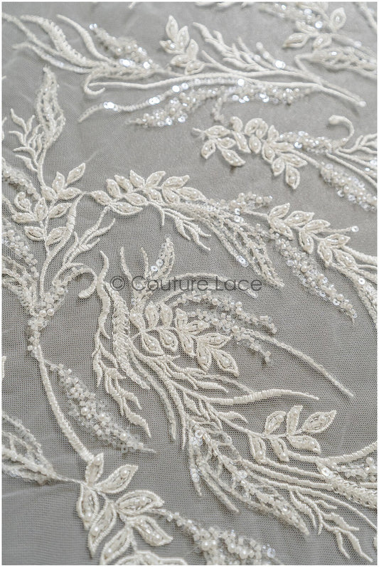Perlen Spitzenstoff Off-White/ Brautspitze mit Perlen/ Hochzeitskleid Spitze/ Brautspitze// L22-280B