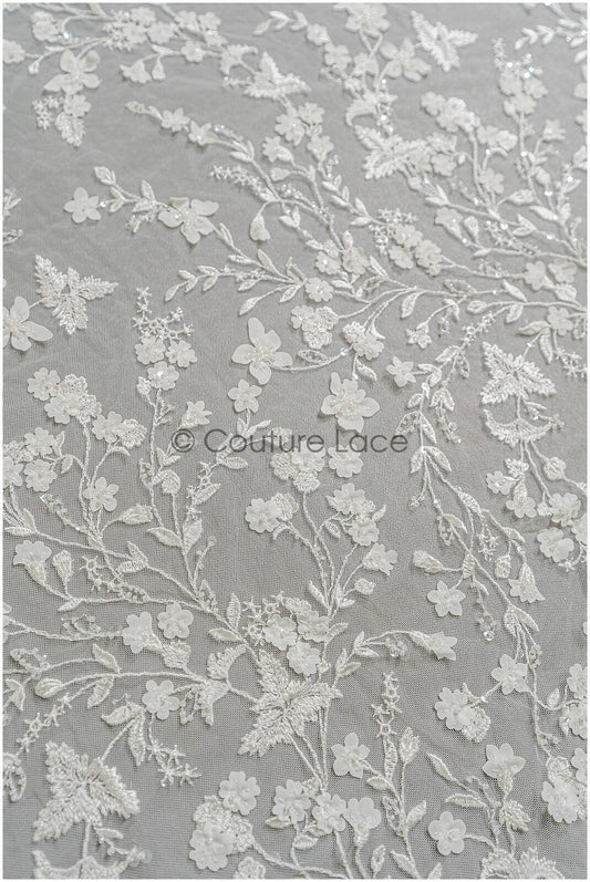 Spitzenstoff Off-White mit Perlen/ Brautspitze mit 3D-Blumen/ Brautkleid Spitz/ Perlenspitze// L22-305
