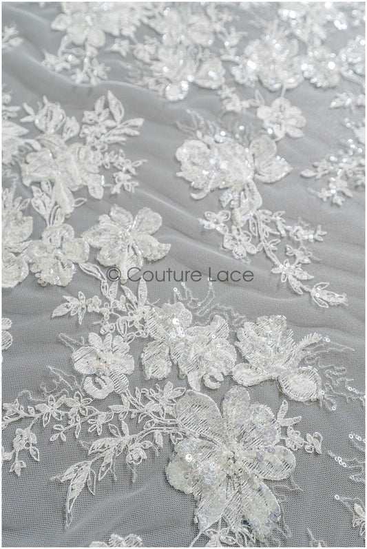 Perlen Spitzenstoff Off-White/ Perlen Brautkleid Spitze/ Couture Spitzenstoff/ Perlen Braut Spitze// L22-367B