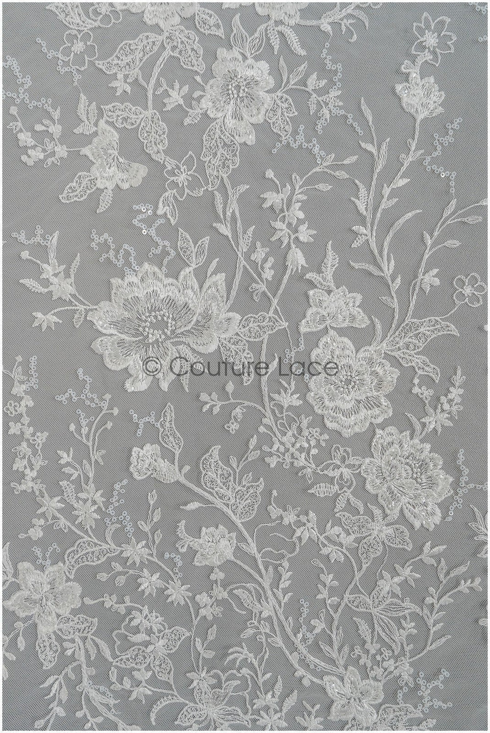 Romantischer floraler Spitzenstoff mit weicher Rayonstickerei/ Braut Spitzenstoff Off-White mit Pailletten// L21-083B
