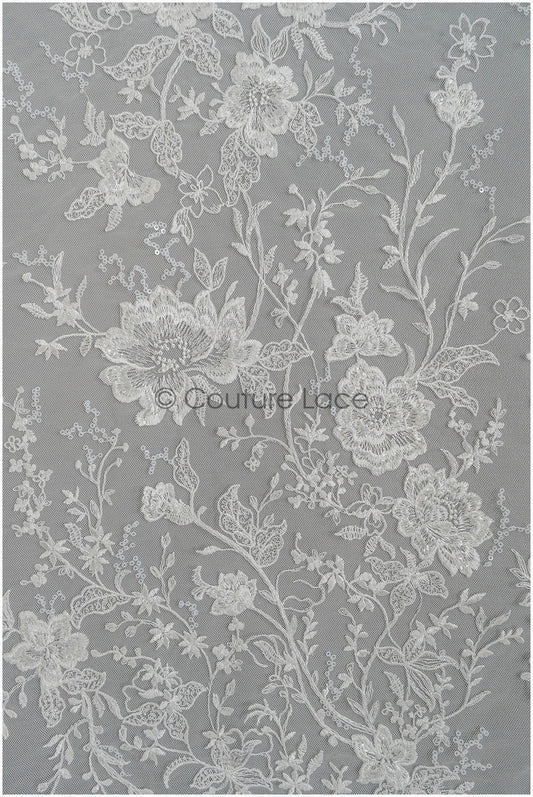 Romantischer floraler Spitzenstoff mit weicher Rayonstickerei/ Braut Spitzenstoff Off-White mit Pailletten// L21-083B