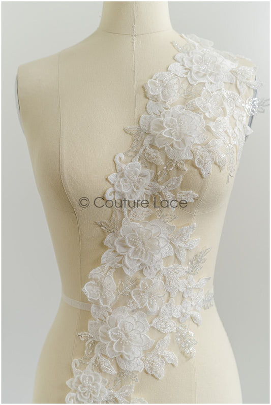 3D flower pearl lace trim/ off-white bridal lace trim/ lace trim veil// T21-150