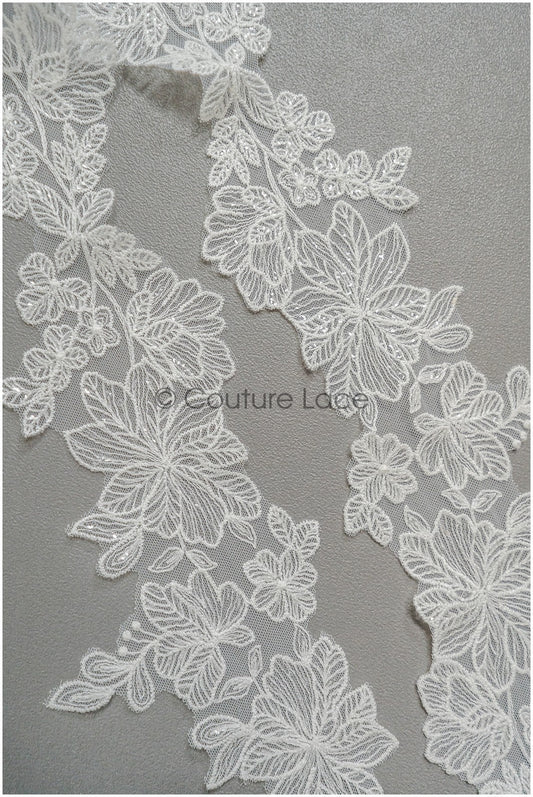 Off-white lace trim with sequins/ embroidered lace trim/ flower lace trim/ floral lace trim// T21-151