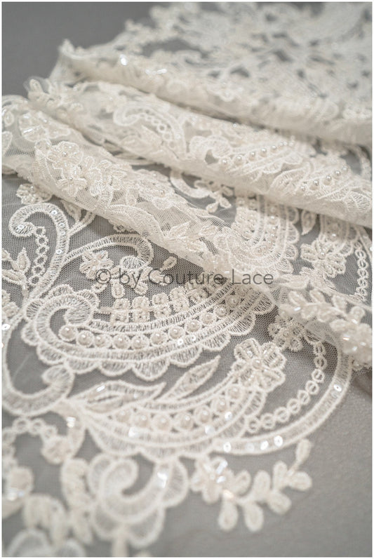 Heavy hand embroidered lace trim off-white ivory/ pearl embroidered bridal lace trim/ lace trim with pearls// T21-123