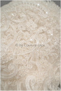 Heavy hand embroidered lace trim off-white ivory/ pearl embroidered bridal lace trim/ lace trim with pearls// T21-123
