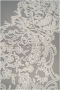 Heavy hand embroidered lace trim off-white ivory/ pearl embroidered bridal lace trim/ lace trim with pearls// T21-123