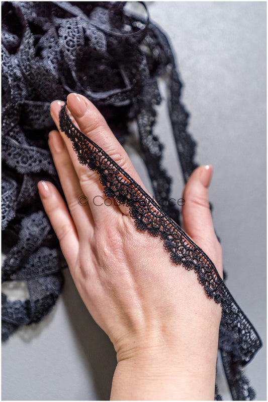 5yds Boho Crochet Lace Trim Black/ Bridal Lace Trim/ Guipure Lace/ Veil Lace/ T22-165