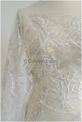 Beautiful pearl lace fabric off-white silver/ Couture lace fabric with pearls &amp; sequins/ Bridal lace with branches &amp; leaves// L22-422SI