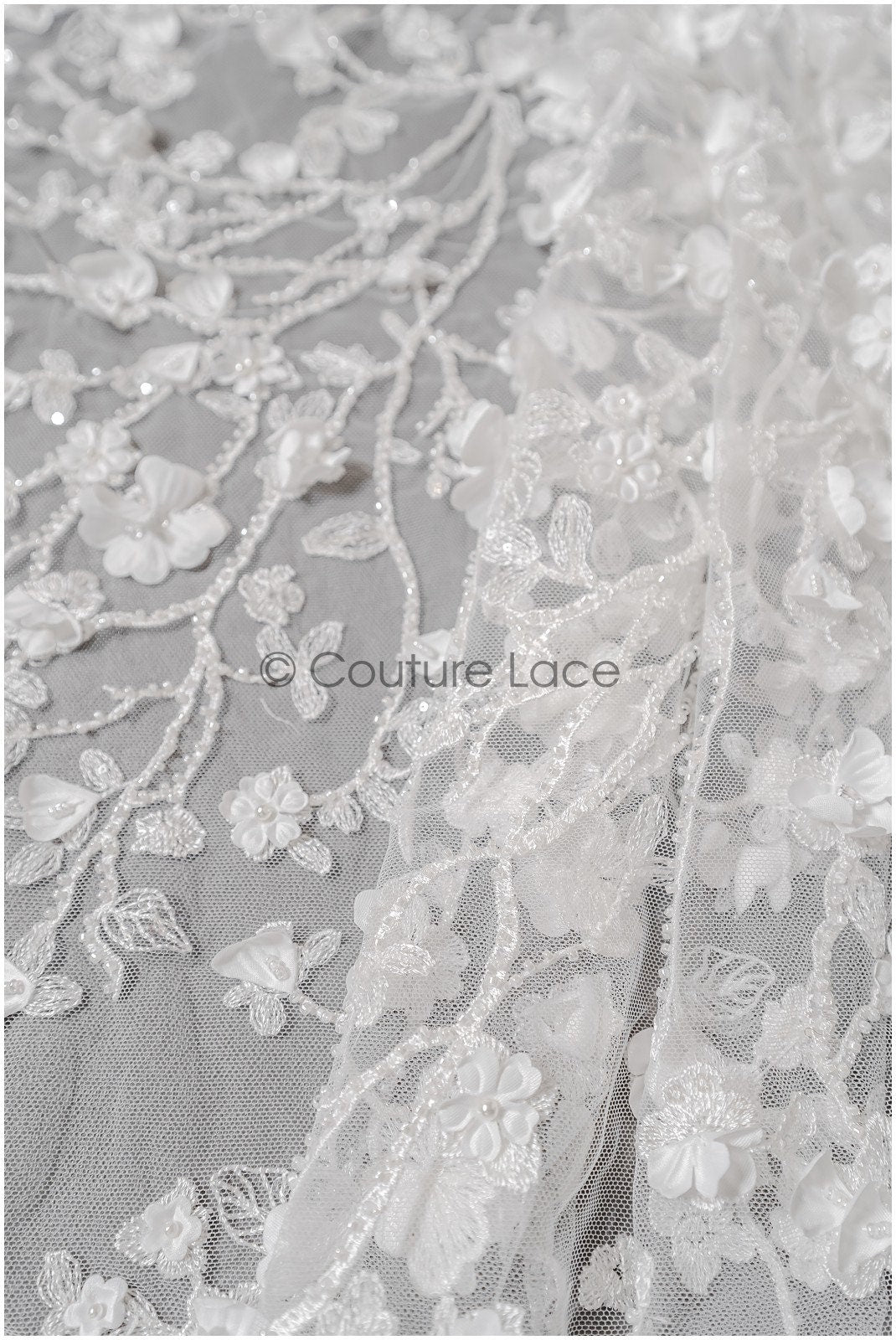 Beautiful pearl lace fabric with 3D flowers/ Bridal couture lace fabric with pearls &amp; sequins/ Bridal lace off-white// L22-432
