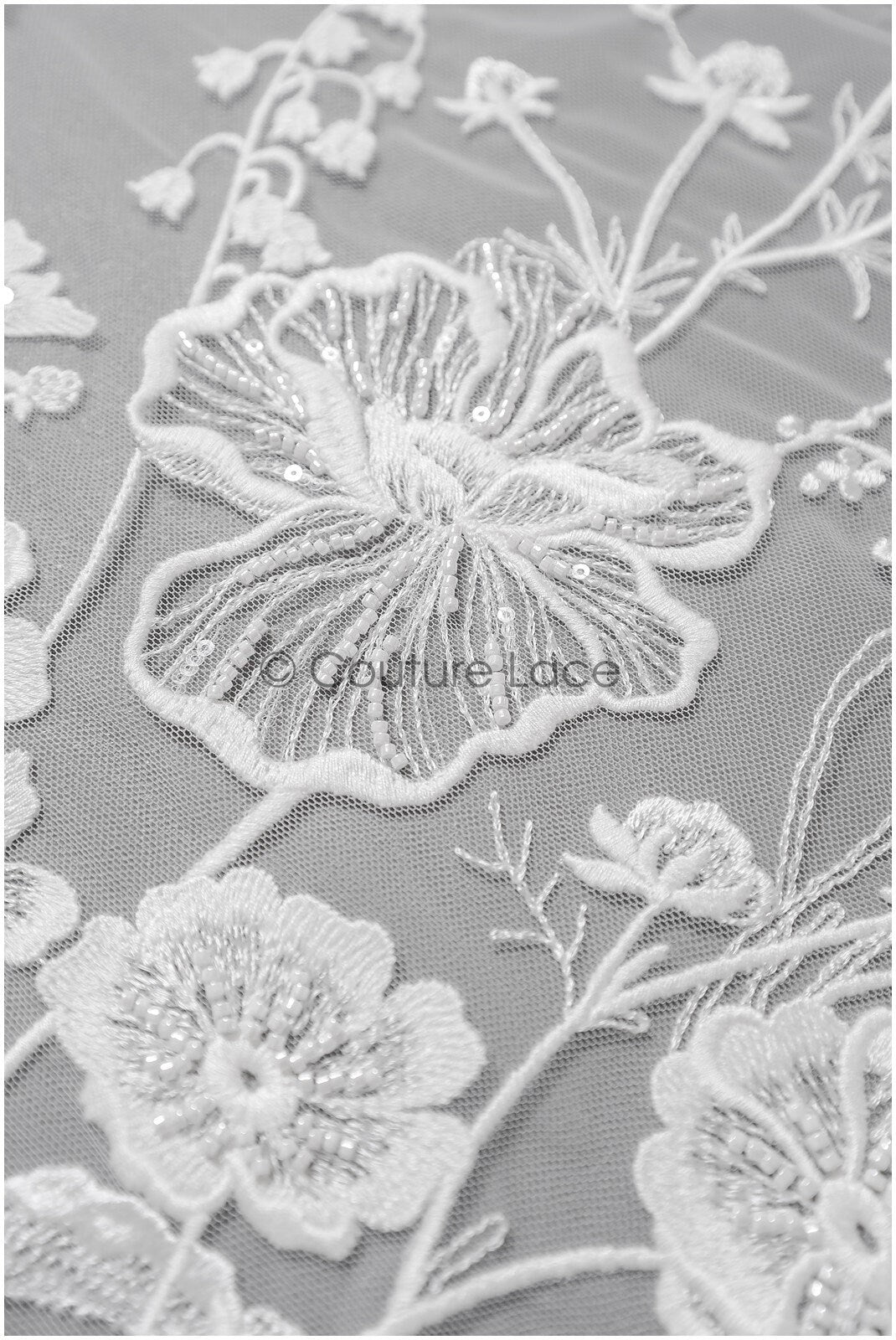 Wildflower lace fabric off-white/ Bridal couture lace fabric with pearls &amp; sequins/ Bridal lace with branches &amp; leaves// L22-435