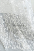 Wildflower lace fabric off-white/ Bridal wildflower couture lace fabric with pearls/ Bridal lace with branches &amp; leaves// L22-436