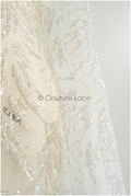 Schwere Perlen Brautspitze Silber/ Couture Spitzenstoff/ Perlenhochzeitsspitze mit Silberperlen// L22-445