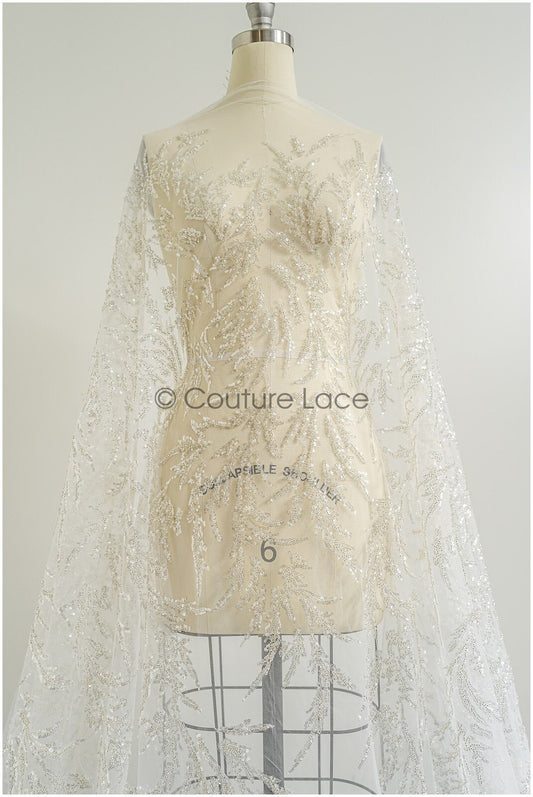 Schwere Perlen Brautspitze Silber/ Couture Spitzenstoff/ Perlenhochzeitsspitze mit Silberperlen// L22-445