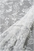 Floral pearl lace fabric off-white/ Couture lace fabric with pearls &amp; sequins/ Bridal lace with flowers// L22-450