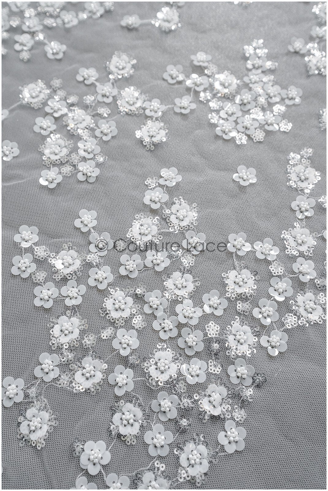 Floral pearl lace fabric off-white silver/ Bridal lace fabric with pearls &amp; sequins/ Bridal lace with flowers// L22-451
