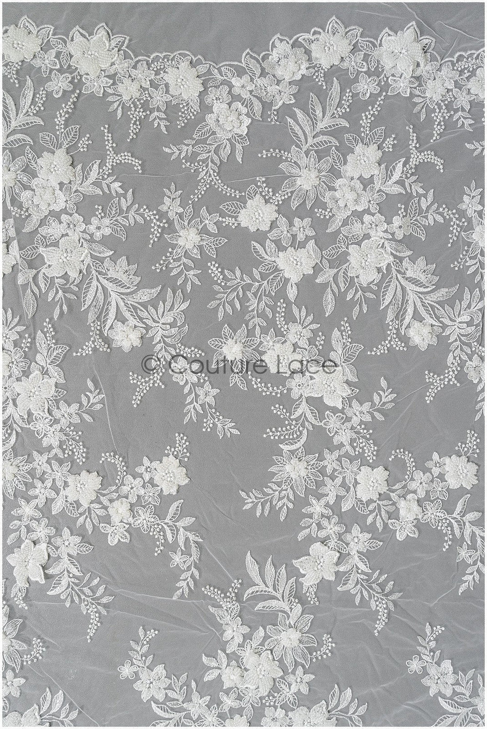 Wunderschöner 3D Blumen Spitzenstoff Off-White/ Braut Couture Spitzenstoff/ 3D Brautspitze mit Ästen & Blättern// L22-452