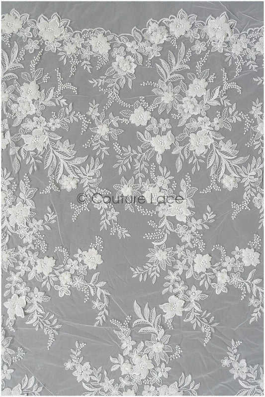 Wunderschöner 3D Blumen Spitzenstoff Off-White/ Braut Couture Spitzenstoff/ 3D Brautspitze mit Ästen & Blättern// L22-452