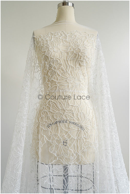 Perlen Spitzenstoff Off-White/ Couture Spitzenstoff mit Perlen & Pailletten/ Brautspitze mit Blumen// L22-454