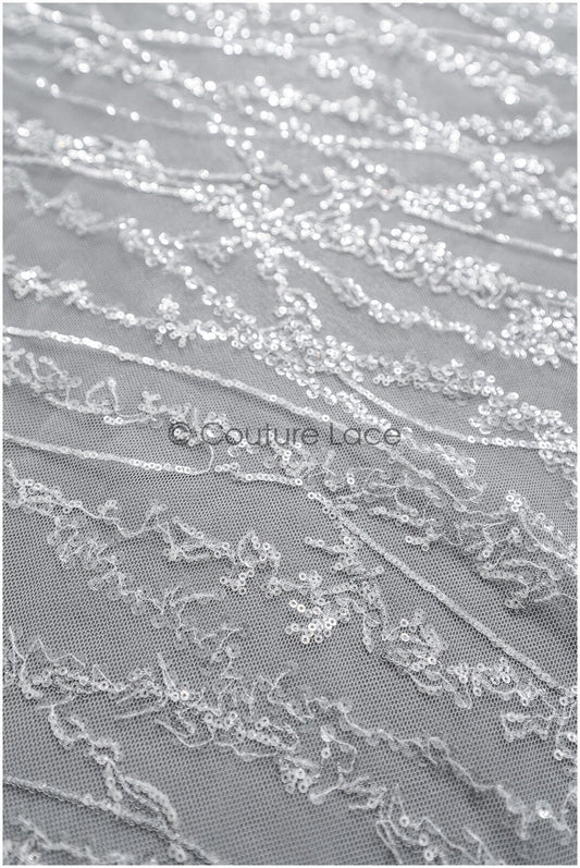 Pailletten Spitzenstoff mit Wellenmuster/ Couture Spitzenstoff Off-White/ Braut Spitzenstoff mit Pailletten// L22-455