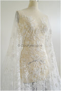 Floral lace fabric with pearls &amp; sequins/ Bridal lace off-white/ Bridal lace with pearl flowers// L22-457