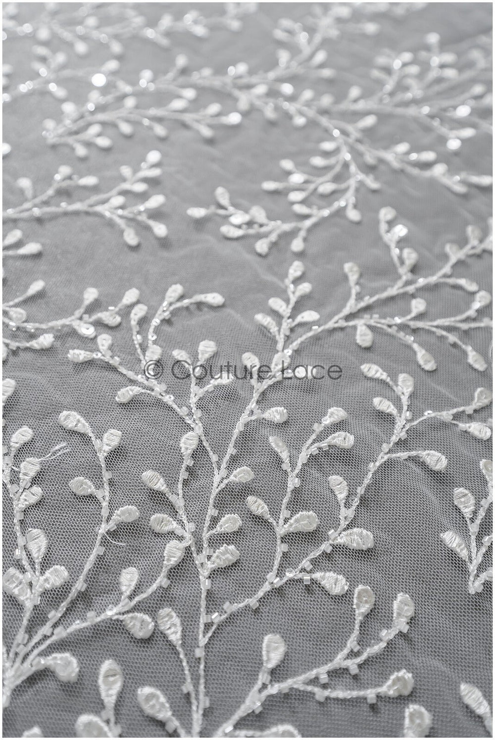 Floral lace fabric with sequins/ Couture lace fabric off-white/ delicate lace fabric with branches// L22-462