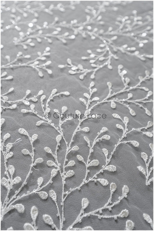 Floral lace fabric with sequins/ Couture lace fabric off-white/ delicate lace fabric with branches// L22-462