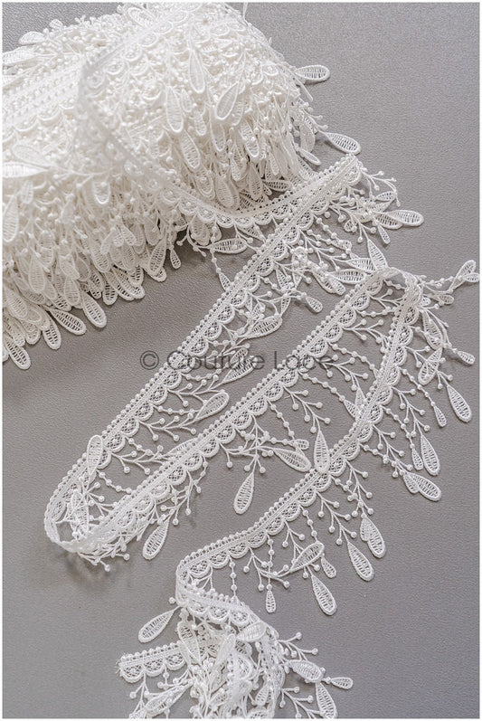 5yds Fringe Boho Lace Trim/ Off-White Crocheted Lace Trim/ Bridal Guipure Lace// T22-181