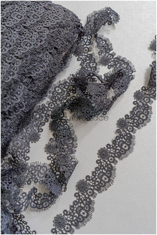 4yds Black Boho Crochet Lace Trim/ Geometric Lace Trim/ Bridal Guipure Lace Trim/ Dot Lace Trim// T22-186