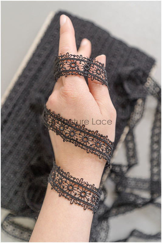 4yds Boho Lace Trim Black/ crocheted lace trim/ bridal guipure lace trim/ lace veil// T22-203