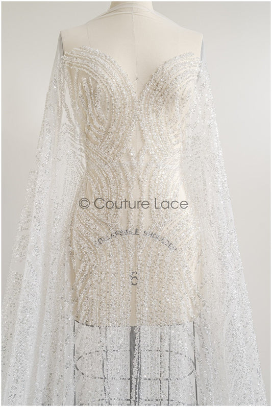 Schwere Perlen Brautspitze Off-White/ Couture Spitzenstoff mit Perlen/ schwere Hochzeitsspitze/ Brautspitze Stoff// L22-099