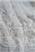 Beautiful pearl lace fabric off-white silver/ Couture lace fabric with pearls &amp; sequins/ Bridal lace with branches &amp; leaves// L22-422SI