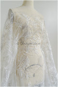 Beautiful pearl lace fabric off-white silver/ Couture lace fabric with pearls &amp; sequins/ Bridal lace with branches &amp; leaves// L22-422SI