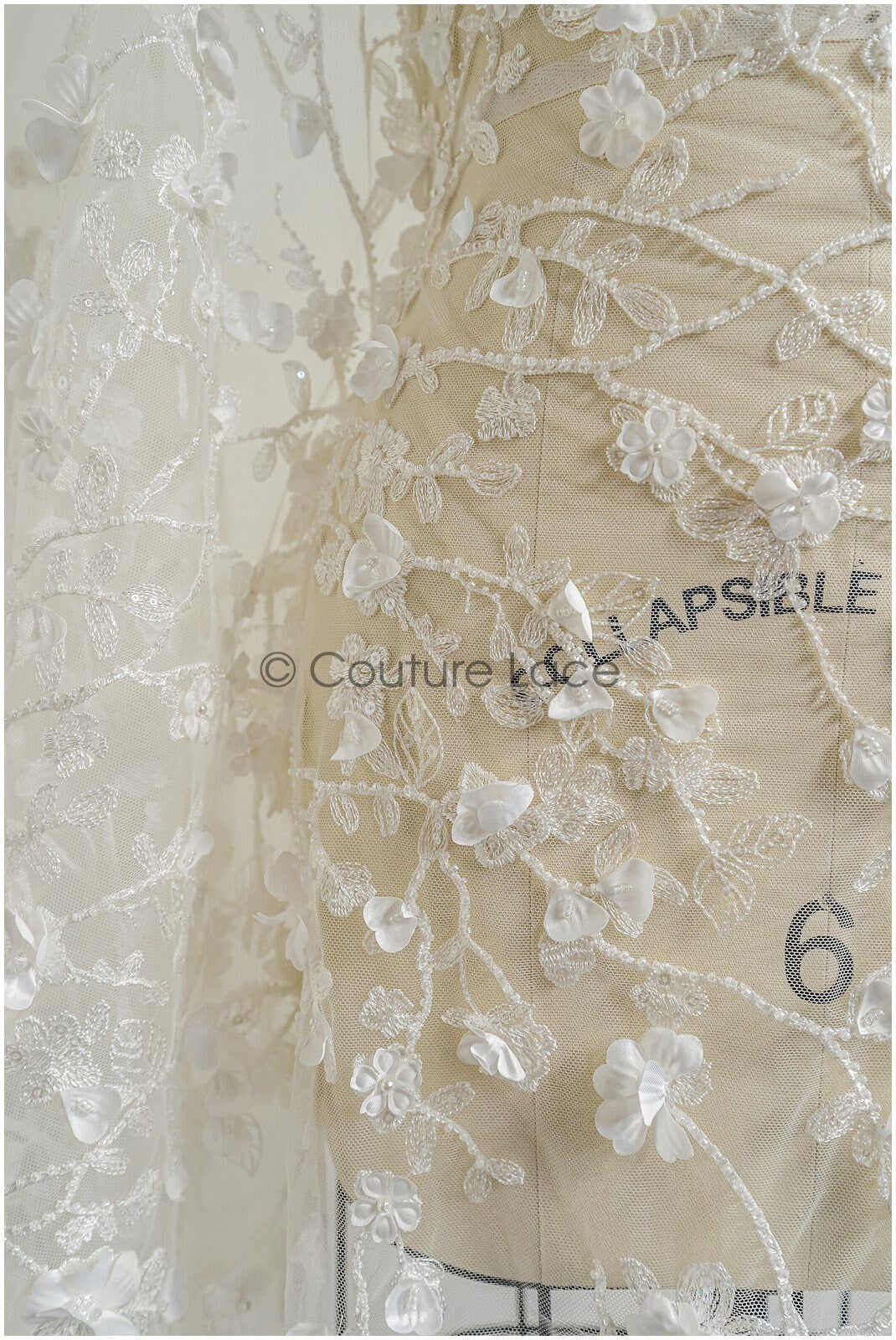 Beautiful pearl lace fabric with 3D flowers/ Bridal couture lace fabric with pearls &amp; sequins/ Bridal lace off-white// L22-432