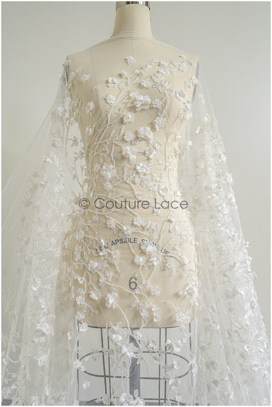Wunderschöner Perlen Spitzenstoff mit 3D Blumen/ Braut Couture Spitzenstoff mit Perlen & Pailletten/ Brautspitze Off-White// L22-432