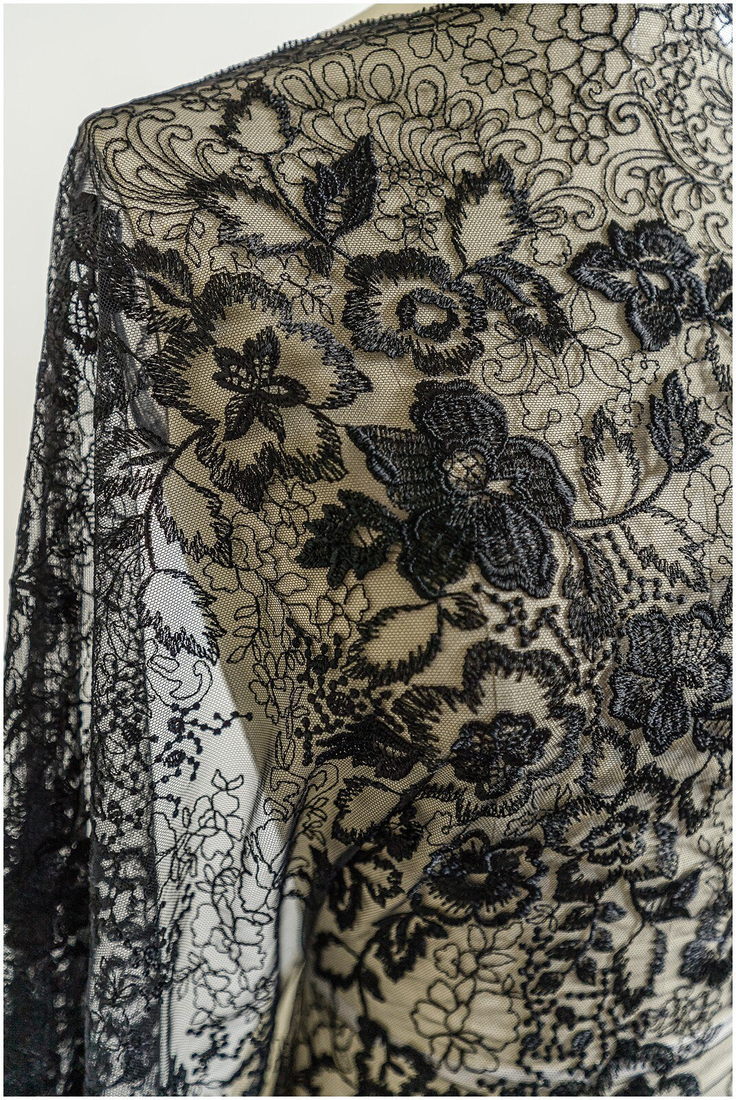 romantic black bridal lace fabric with floral pattern/ floral couture lace fabric/ black bridal flower embroidered lace// L22-433BL