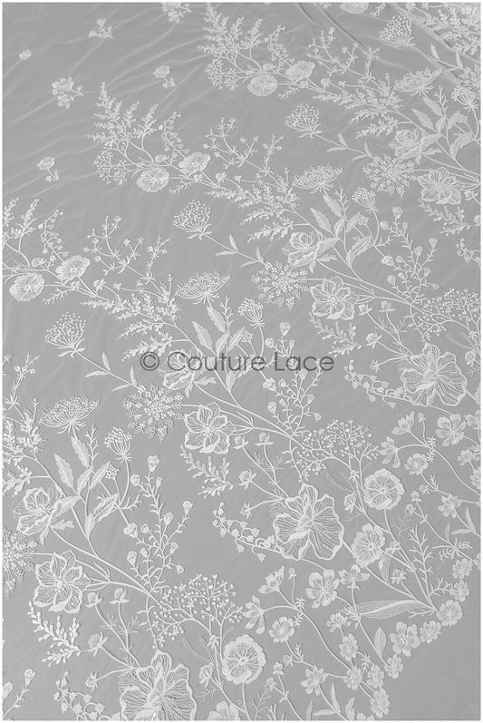 Wildblumen Spitzenstoff Off-White/ Braut Couture Spitzenstoff mit Perlen & Pailletten/ Brautspitze mit Ästen & Blättern// L22-435
