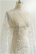 Wildflower lace fabric off-white/ Bridal wildflower couture lace fabric with pearls/ Bridal lace with branches &amp; leaves// L22-436