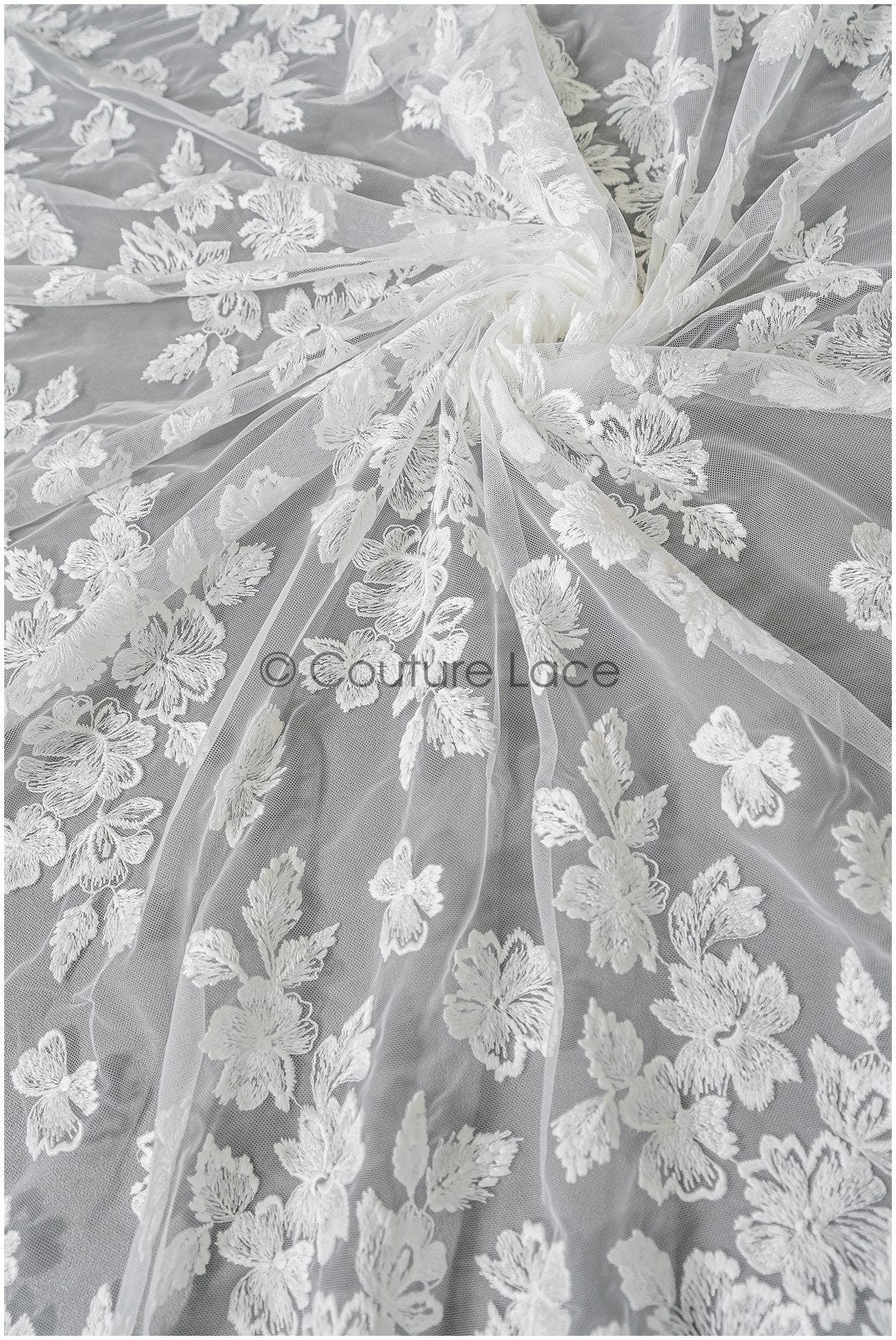 Beautiful lace fabric off-white/ floral tulle fabric/ couture lace fabric/ bridal lace// L22-439