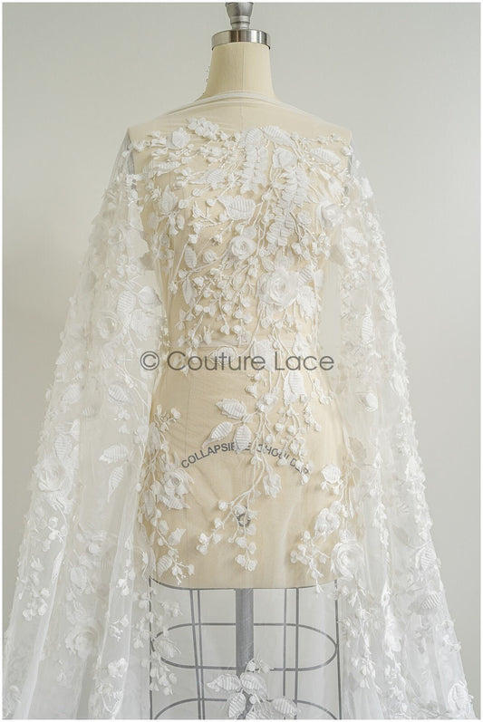 Wunderschöner floraler Spitzenstoff mit 3D Blumen/ Braut Couture Spitzenstoff mit Pailletten/ Brautspitze mit 3D Blumen// L22-441