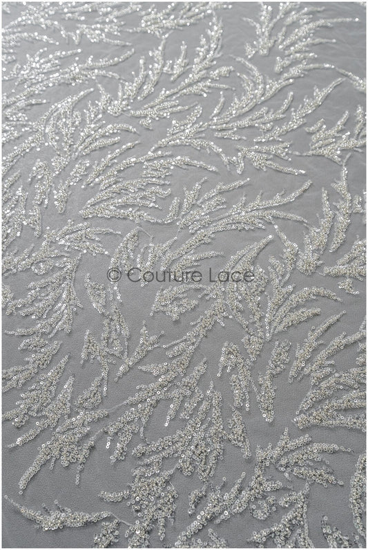 Schwere Perlen Brautspitze Silber/ Couture Spitzenstoff/ Perlenhochzeitsspitze mit Silberperlen// L22-445
