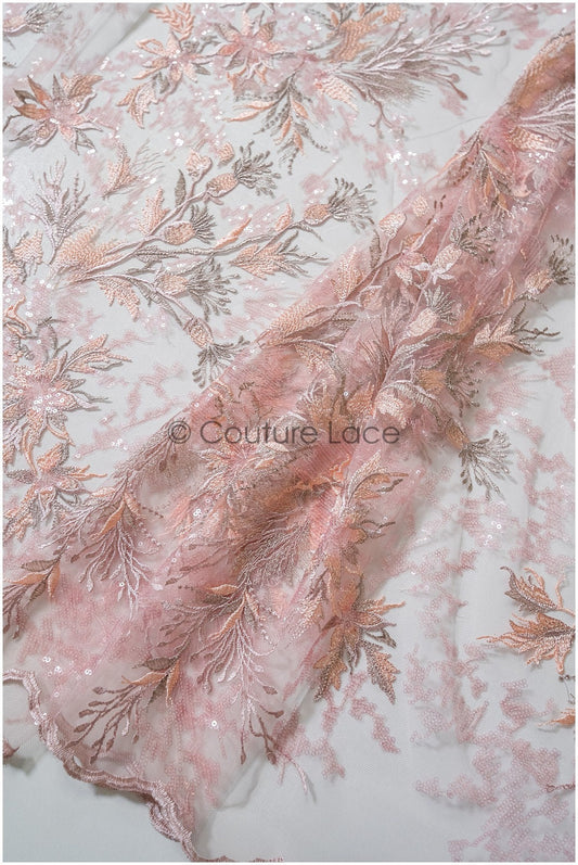 romantischer rosa-rosa Spitzenstoff mit floralem Muster/ floraler Couture Spitzenstoff/ lachsfarbener bestickter Spitzenstoff// L22-443