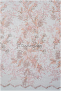 romantischer rosa-rosa Spitzenstoff mit floralem Muster/ floraler Couture Spitzenstoff/ lachsfarbener bestickter Spitzenstoff// L22-443