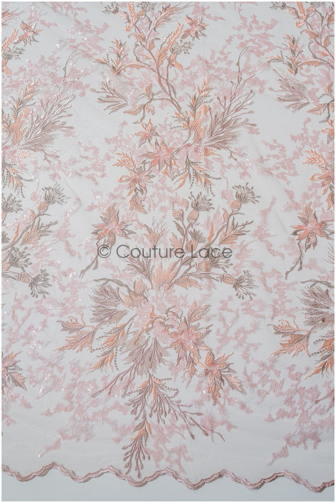 romantischer rosa-rosa Spitzenstoff mit floralem Muster/ floraler Couture Spitzenstoff/ lachsfarbener bestickter Spitzenstoff// L22-443