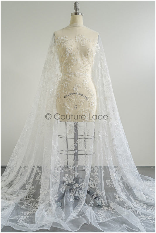 Floral pearl lace fabric off-white/ Couture lace fabric with pearls &amp; sequins/ Bridal lace with flowers// L22-450